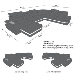 Wohnlandschaft Bologna XXL U-Form in Stoff Schwarz-Schwarz