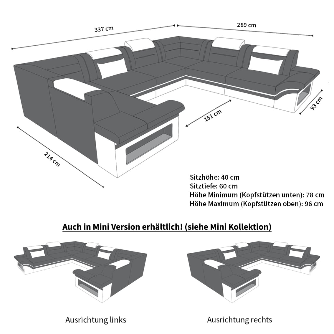 Couchlandschaft Brianza U-Form in Stoff Schwarz-Weiß