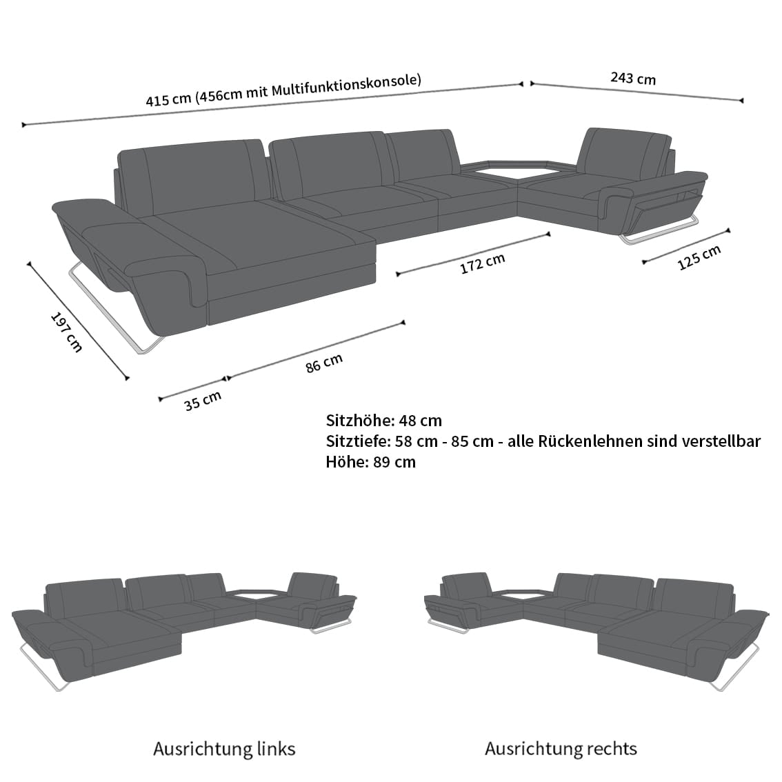 Stoff Wohnlandschaft Ferrara U-Form Macchiato-Schwarz