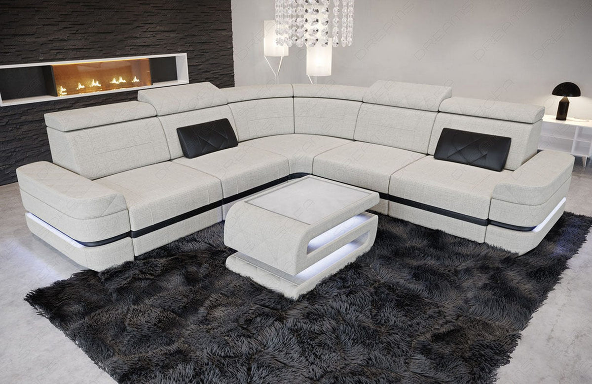 Ecksofa Positano L-Form aus Stoff Elfenbein-Schwarz