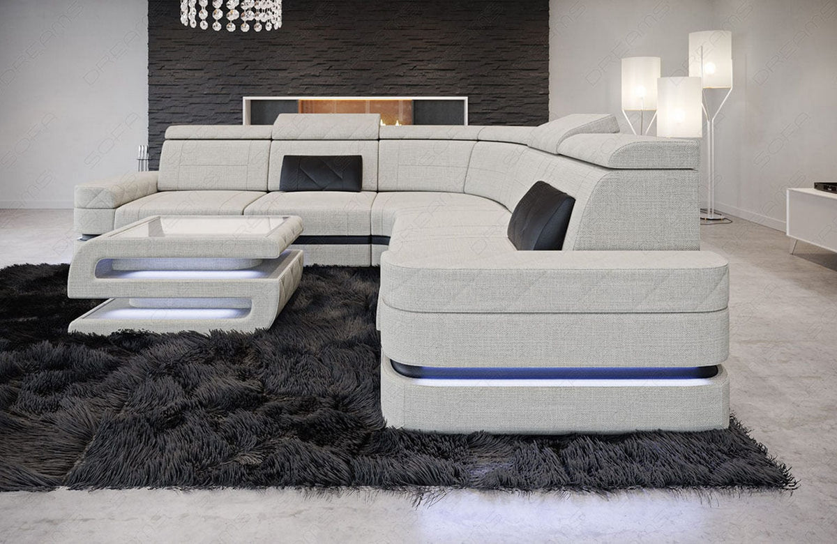 Ecksofa Positano L-Form aus Stoff Elfenbein-Schwarz