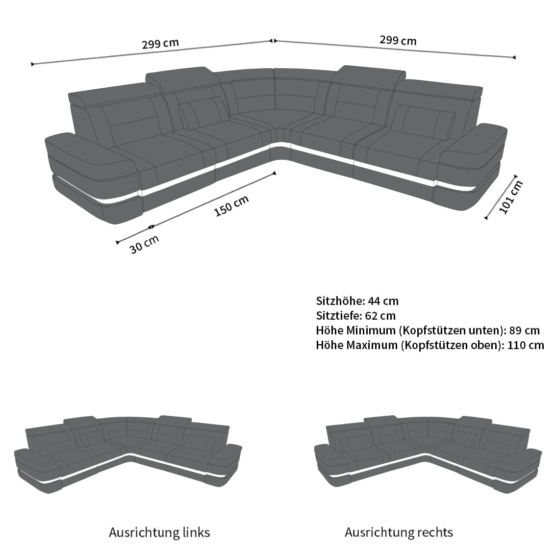 Ecksofa Positano L-Form aus Stoff Elfenbein-Schwarz