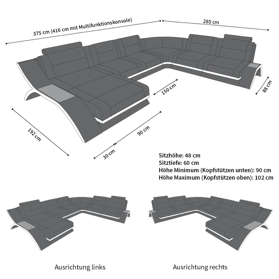 XXL Wohnlandschaft Calabria U-Form aus Stoff Grau-Weiß
