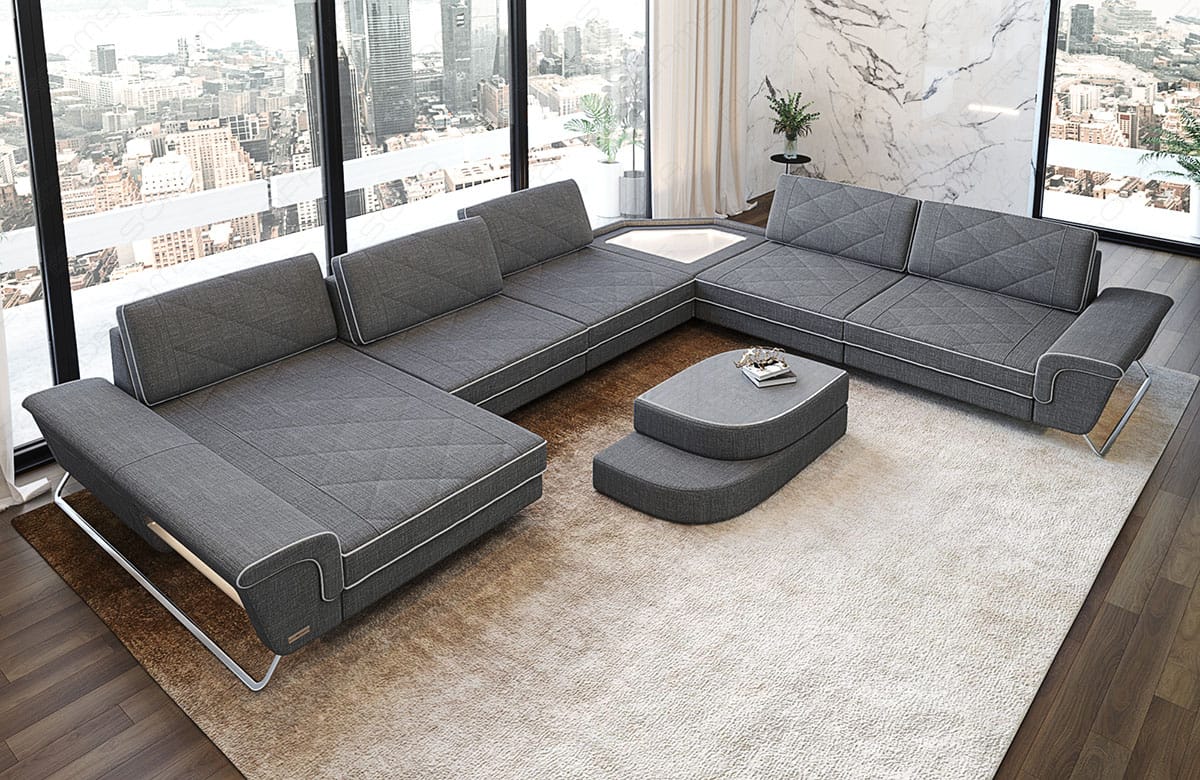 XXL Wohnlandschaft Ferrara U-Form aus Stoff Grau-Weiß