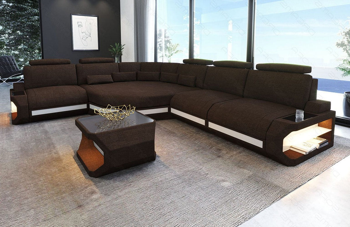 Couch Asti L-Form in Stoff Braun-Weiß