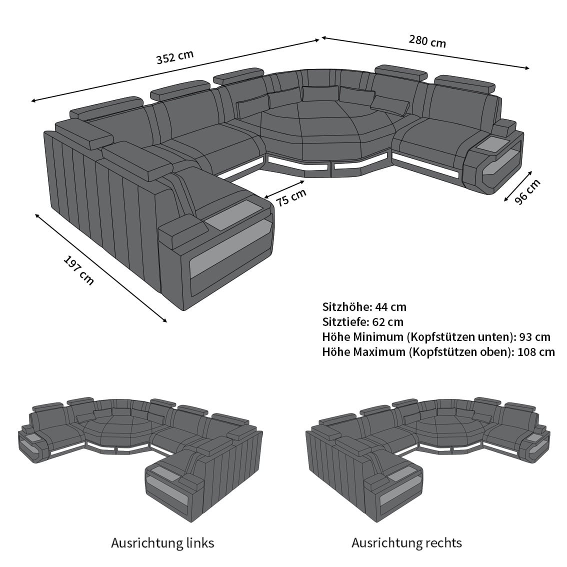 Mini Wohnlandschaft Asti U-Form aus Stoff Schwarzgrau-Schwarz