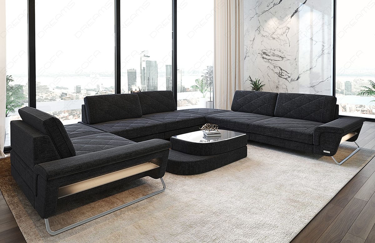 Wohnlandschaft Rotello U-Form aus Stoff Schwarzgrau-Schwarz