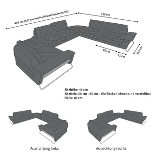 Wohnlandschaft Rotello U-Form aus Stoff Schwarzgrau-Schwarz