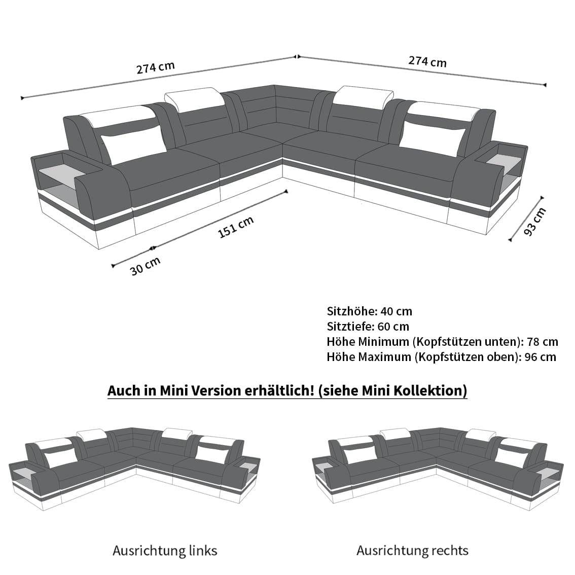 Couch Trivento L-Form in Stoff Grau-Weiß