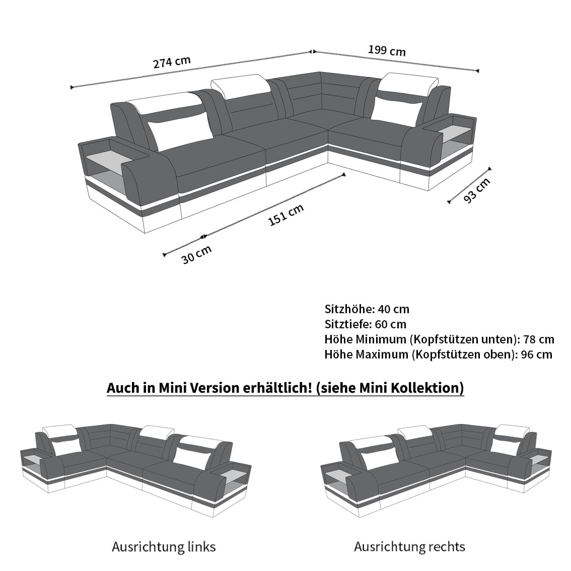 Couch Trivento L-Form in Stoff Kurz Grau-Schwarz