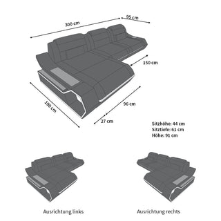 Couch Toscano L-Form in Stoff Grau-Schwarz