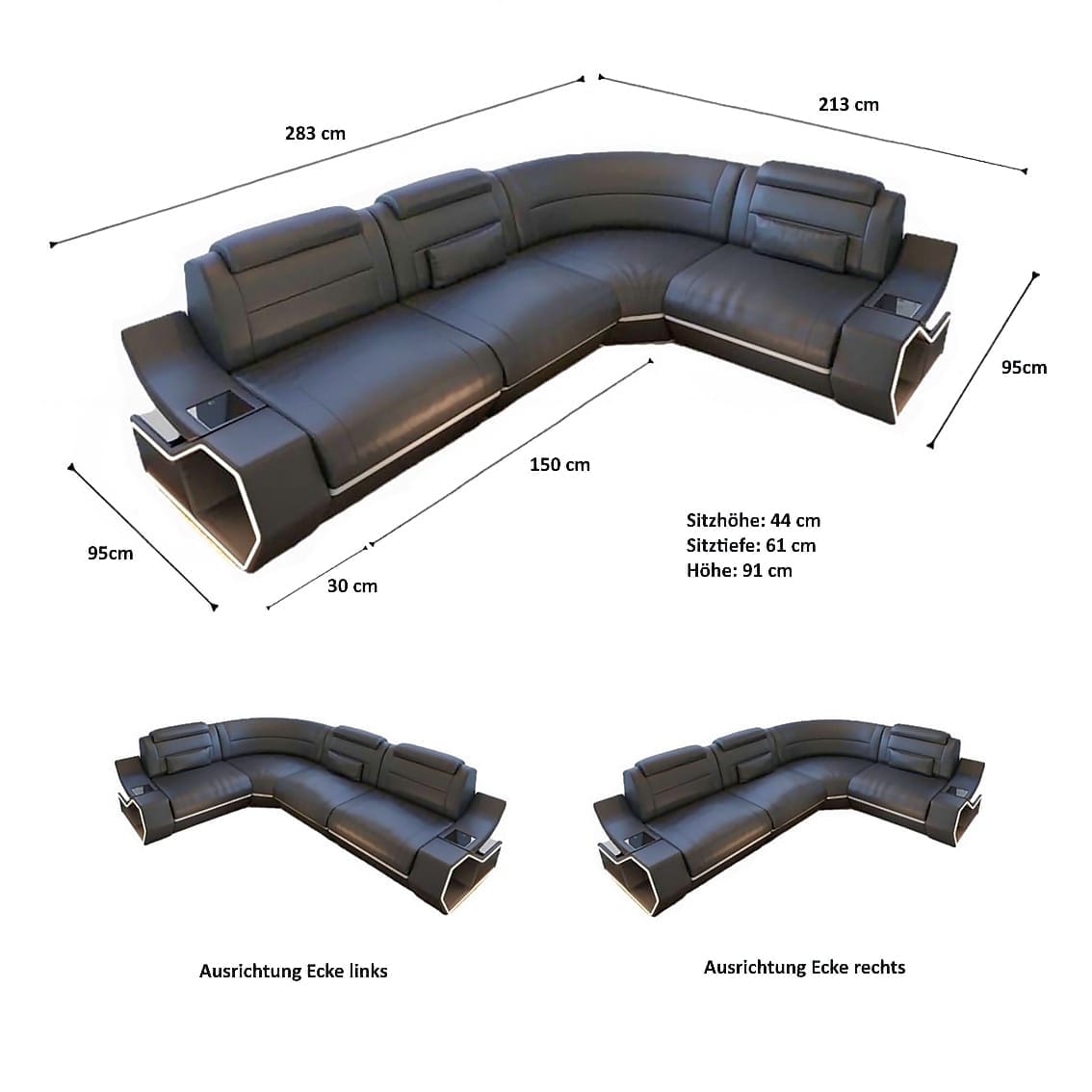 Ecksofa Pescara L-Form aus Stoff Schwarzgrau-Weiß