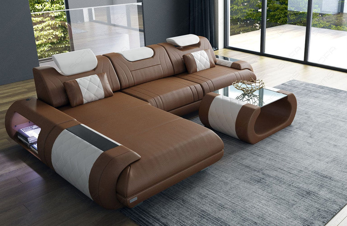 Ecksofa Rimini L-Form aus Leder dunkelbraun-weiß