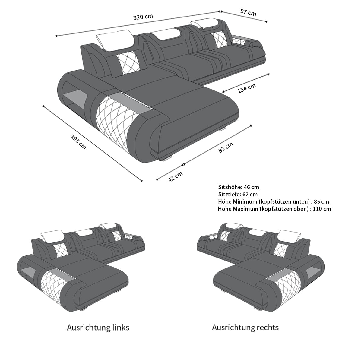 Ecksofa Rimini L-Form aus Leder dunkelbraun-weiß