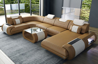 Leder Couch Rimini U-Form sandbeige-weiß