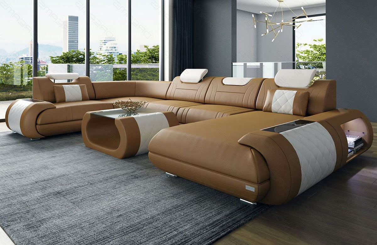 Leder Couch Rimini U-Form sandbeige-weiß