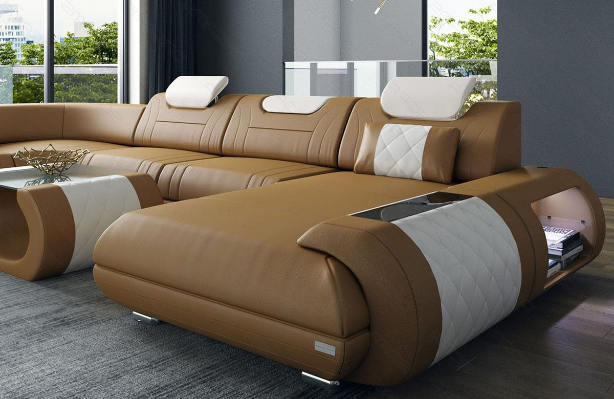 Leder Couch Rimini U-Form sandbeige-weiß