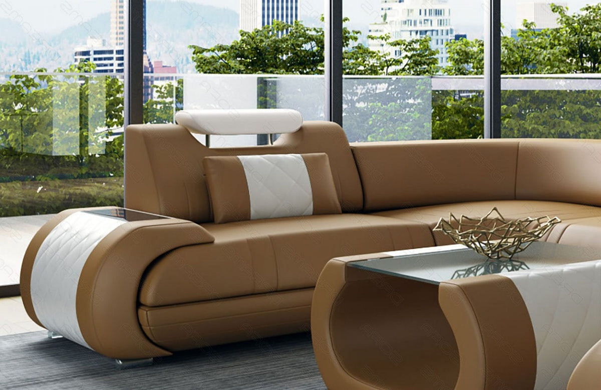 Leder Couch Rimini U-Form sandbeige-weiß