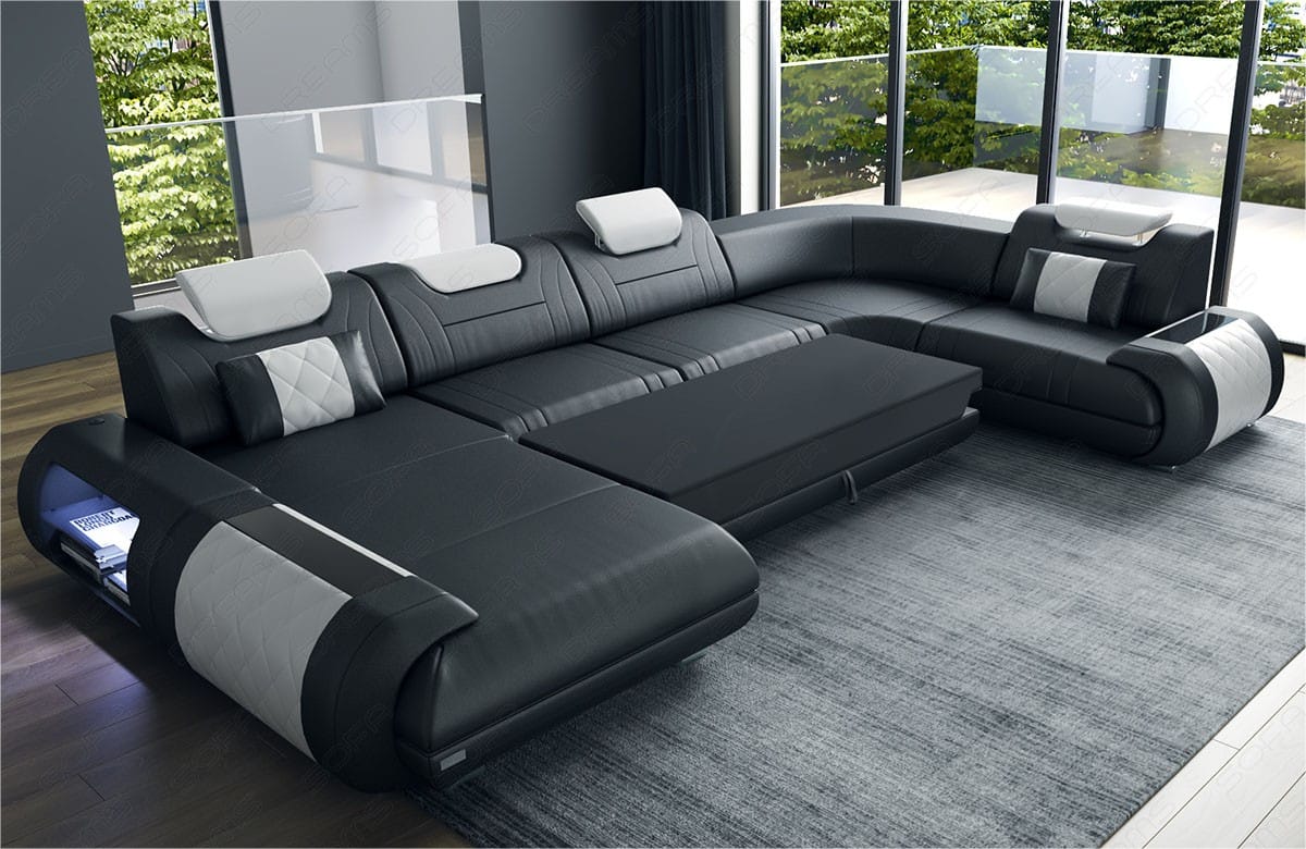Leder Couch Rimini U-Form sandbeige-weiß