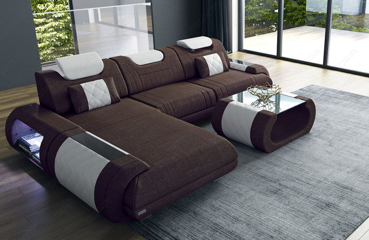 Couch Rimini L-Form in Stoff Graubraun-Weiß