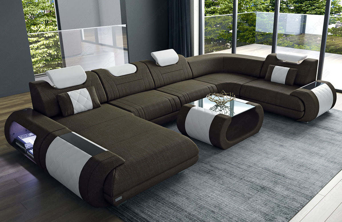 Wohnlandschaft Rimini U-Form aus Stoff Braun-Weiß