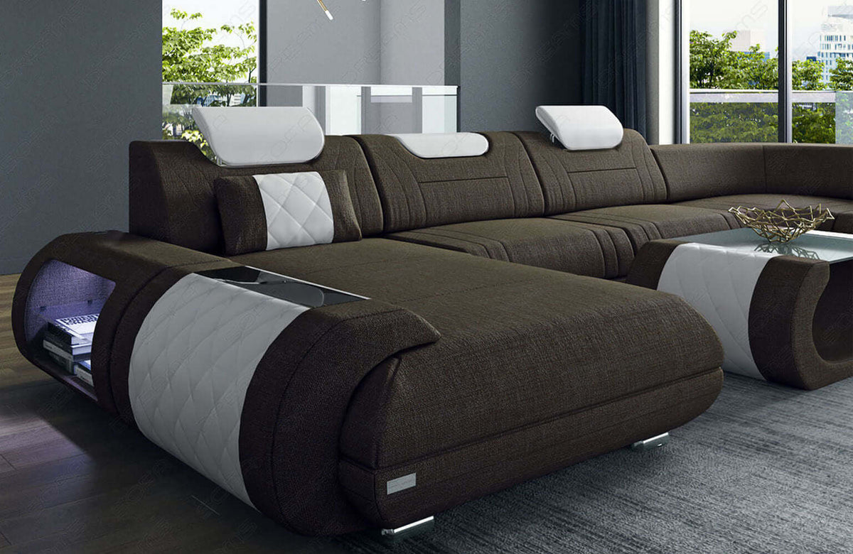 Wohnlandschaft Rimini U-Form aus Stoff Braun-Weiß
