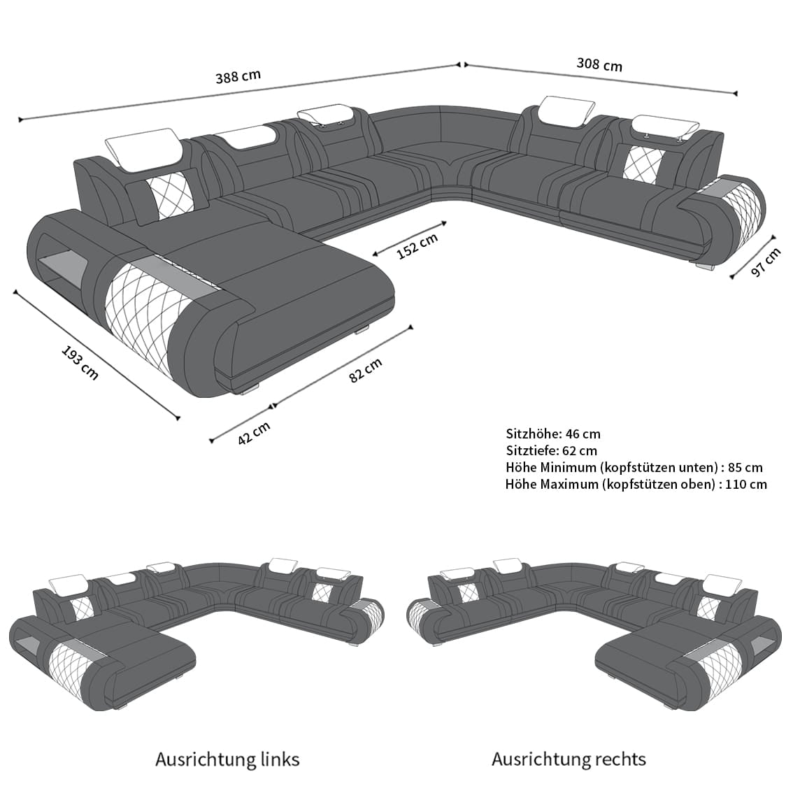 XXL Stoff Wohnlandschaft Rimini U-Form Grau-Schwarz