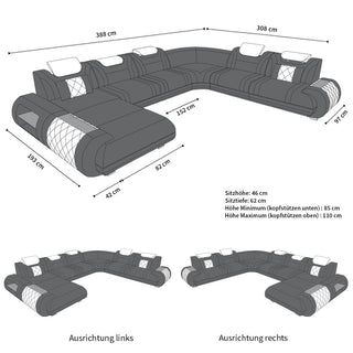 XXL Stoff Wohnlandschaft Rimini U-Form Grau-Schwarz