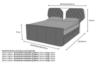 Boxspringbett Nizza mit LED, Schubladen, Matratze und Topper Grau-Weiß