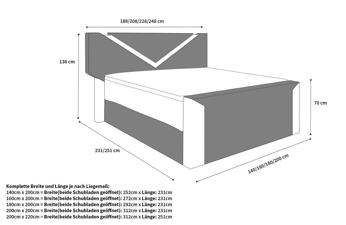 Boxspringbett Lyon in Leder Grau-Weiß
