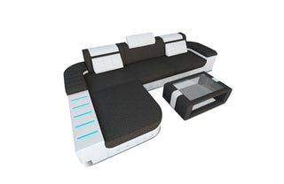Leder-Stoff Couch Bellagio L-Form mit LED in Strukturstoff und der Farbe Dunkelgrau und Weiß - Ausrichtung links