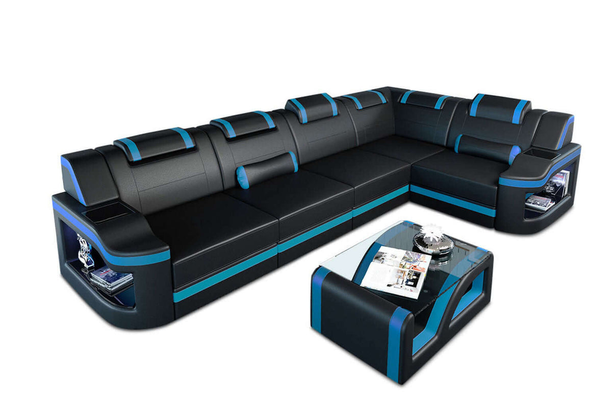 Mini Ecksofa Padua L-Form aus Leder Schwarz-Blau