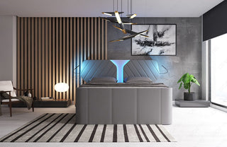 Boxspringbett Nizza mit LED, Schubladen, Matratze und Topper Grau-Weiß