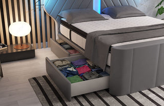 Boxspringbett Nizza mit LED, Schubladen, Matratze und Topper Grau-Weiß