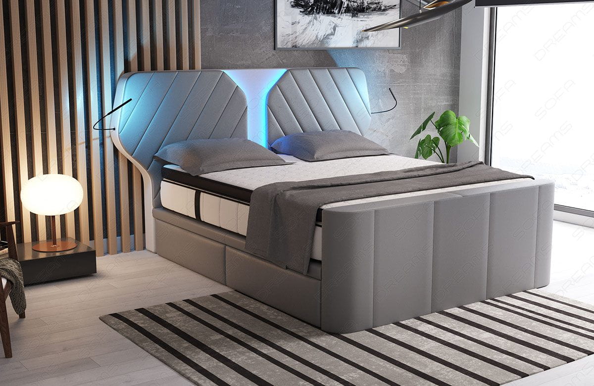 Boxspringbett Nizza mit LED, Schubladen, Matratze und Topper Grau-Weiß