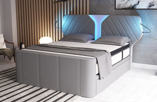 Boxspringbett Nizza mit LED, Schubladen, Matratze und Topper Grau-Weiß