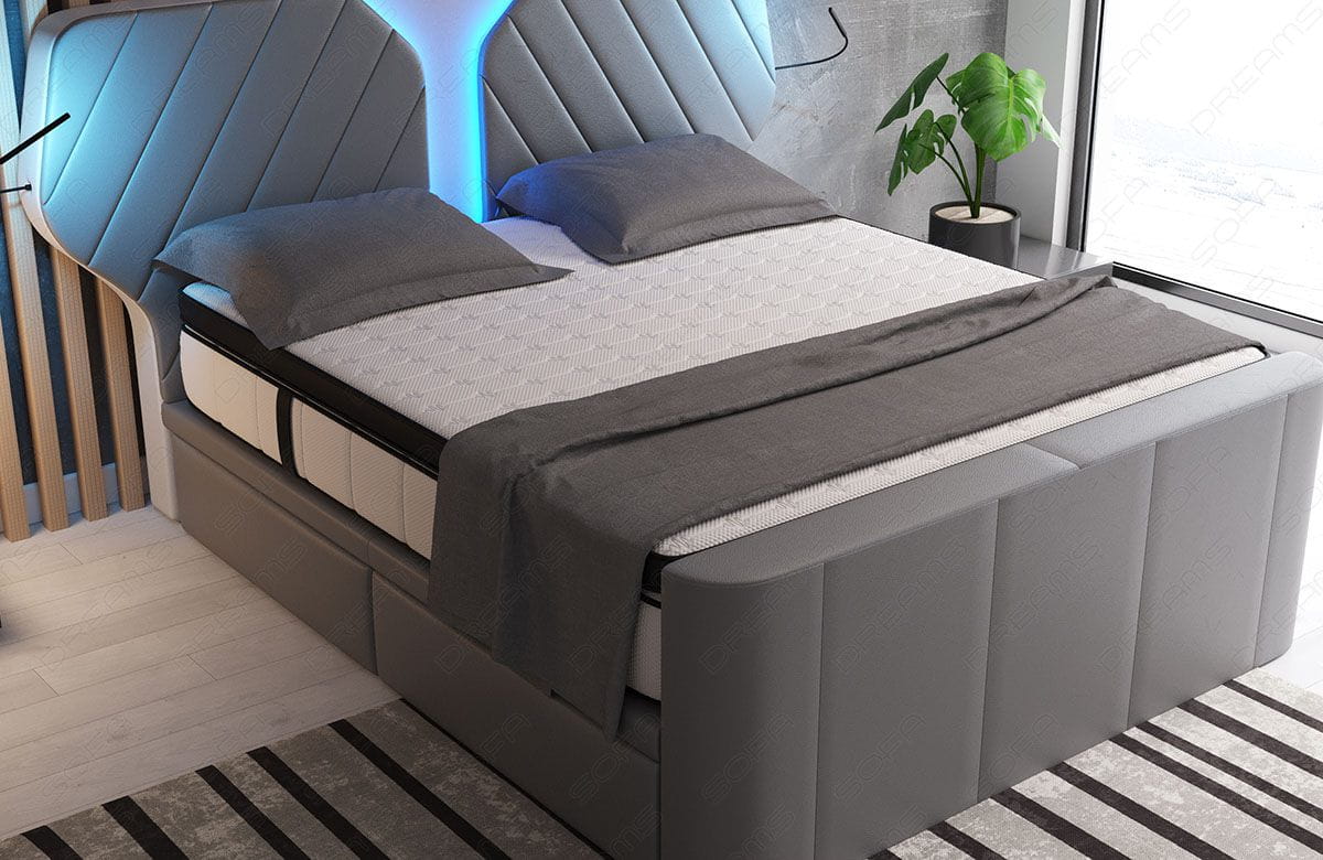 Boxspringbett Nizza mit LED, Schubladen, Matratze und Topper Grau-Weiß
