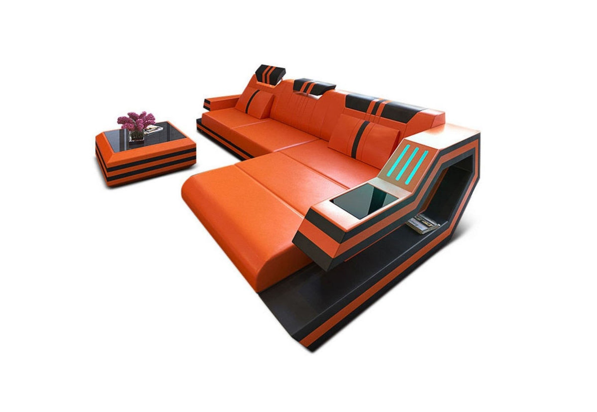 Ecksofa Ravenna L-Form in Leder orange-schwarz