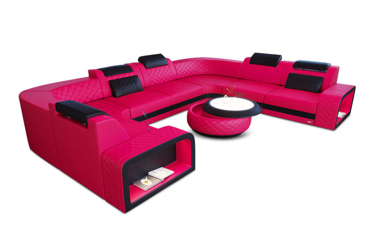 Designsofa Foggia U-Form aus Leder pink-schwarz