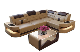 Mini Designersofa Como L-Form Leder in Sandbeige und Dunkelbraun aus Kunstleder mit Ecke Rechts für Wohnzimmer