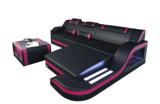 Mini Design Ledersofa Palermo L-Form mit LED in Kunstleder und der Farbe Schwarz und Pink - Ausrichtung rechts