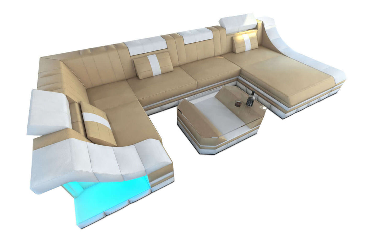 Mini Wohnlandschaft Turino U-Form in Leder Sandbeige-Weiß