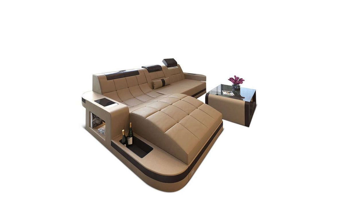 Design Ledersofa Wave L-Form mit LED sandbeige-dunkelbraun