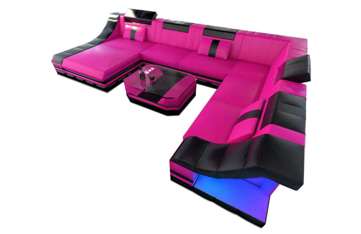 Mini XL Wohnlandschaft Turino U-Form aus Leder Pink-Schwarz