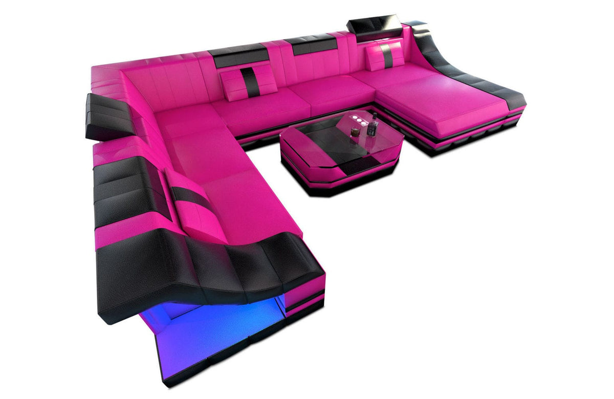 XXL Wohnlandschaft Turino U-Form aus Leder pink-schwarz
