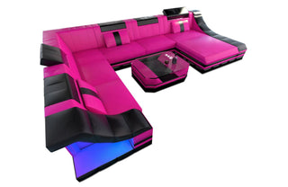 Design Wohnlandschaft Turino XL mit LED in Kunstleder und der Farbe Pink und Schwarz - Ausrichtung rechts