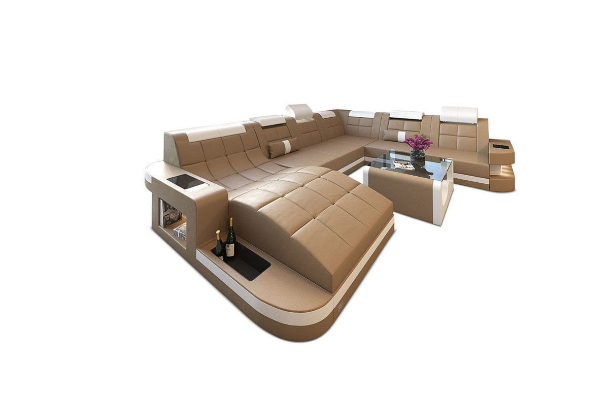Wohnlandschaft Wave XXL U-Form in Leder sandbeige-weiß