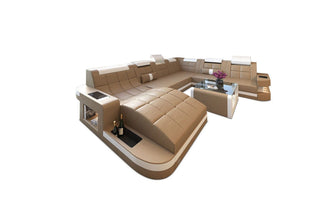 Design Wohnlandschaft Wave XL mit LED in Kunstleder und der Farbe Sandbeige und Weiß - Ausrichtung links