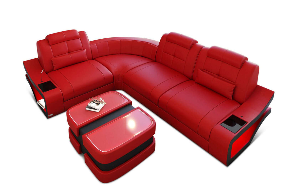 Mini Couch Elena L-Form in Leder Rot-Schwarz