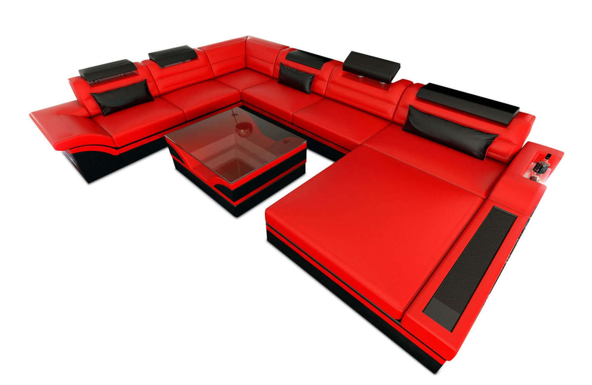 Mini XXL Wohnlandschaft Mezzo U-Form aus Leder Rot-Schwarz
